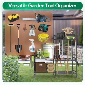 NAVOROGE Garden Tool Organizer for Garage,Yard Tool Holder with Wheels,Multifunctional Tool Storage Rack with 5 Hooks,for Garden Shed Garage Yard Basement Lawn,Up to 35 Long-Handled Tools,Black