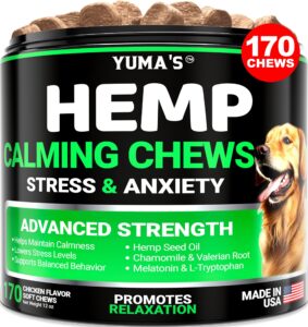 yuma's hemp calming chews for dogs - advanced dog calming treats - dog calming chews - 170 chews - anxiety relief treats - separation aid, barking, stress relief, thunderstorms - melatonin - hemp oil