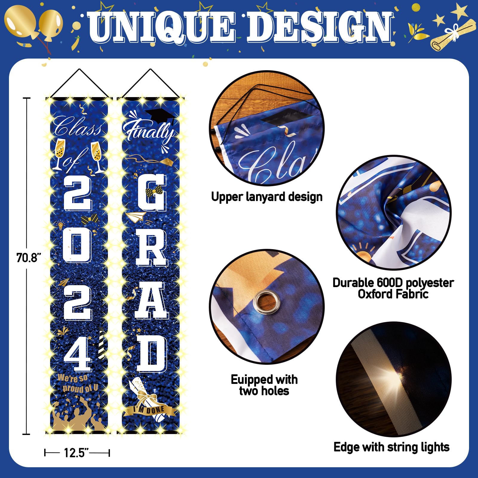 DMIGHT Blue Graduation Party Decorations Class Of 2024 Graduation Party Supplies with Grad Backdrop, Porch Sign with Led-Light Strips, Photo Booth Props,2024 Foil Balloons for Graduation Party