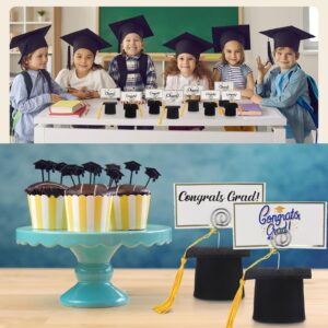 Threehoney 24 Sets Graduation Cap Ornament Place Card Holders Photo Holders with Yellow Tassel and Name Cards Congratulate Graduates Supplies for Graduation Party Celebration