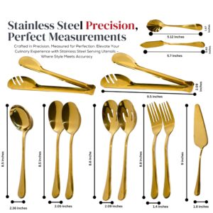 12Pcs Gold Stainless Steel Serving Utensils Set for Parties Buffet, Gold Serving Utensils Set Includes Large Serving, Slotted & Tea Spoon, Soup Ladle, Fork, Tong, Butter Knife & Pie Server