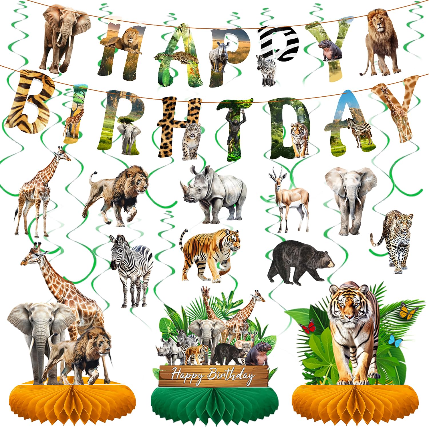 Hokiis Pre-assembled Safari Animals Birthday Decorations Jungle Animal Birthday Banner Table Decoration Honeycomb Wild Jungle Animals Colourful Swirls Cards for Wild Safari Baby Shower Decorations