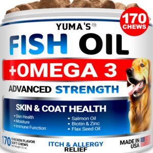 Omega 3 Fish Oil for Dogs - 170 Chews - Skin and Coat Supplement - Omega 3 for Dogs - Dry & Itchy Skin Relief Treatment - Allergy Support Dog Anti Shedding Treats - Salmon - EPA & DHA - Chicken Flavor