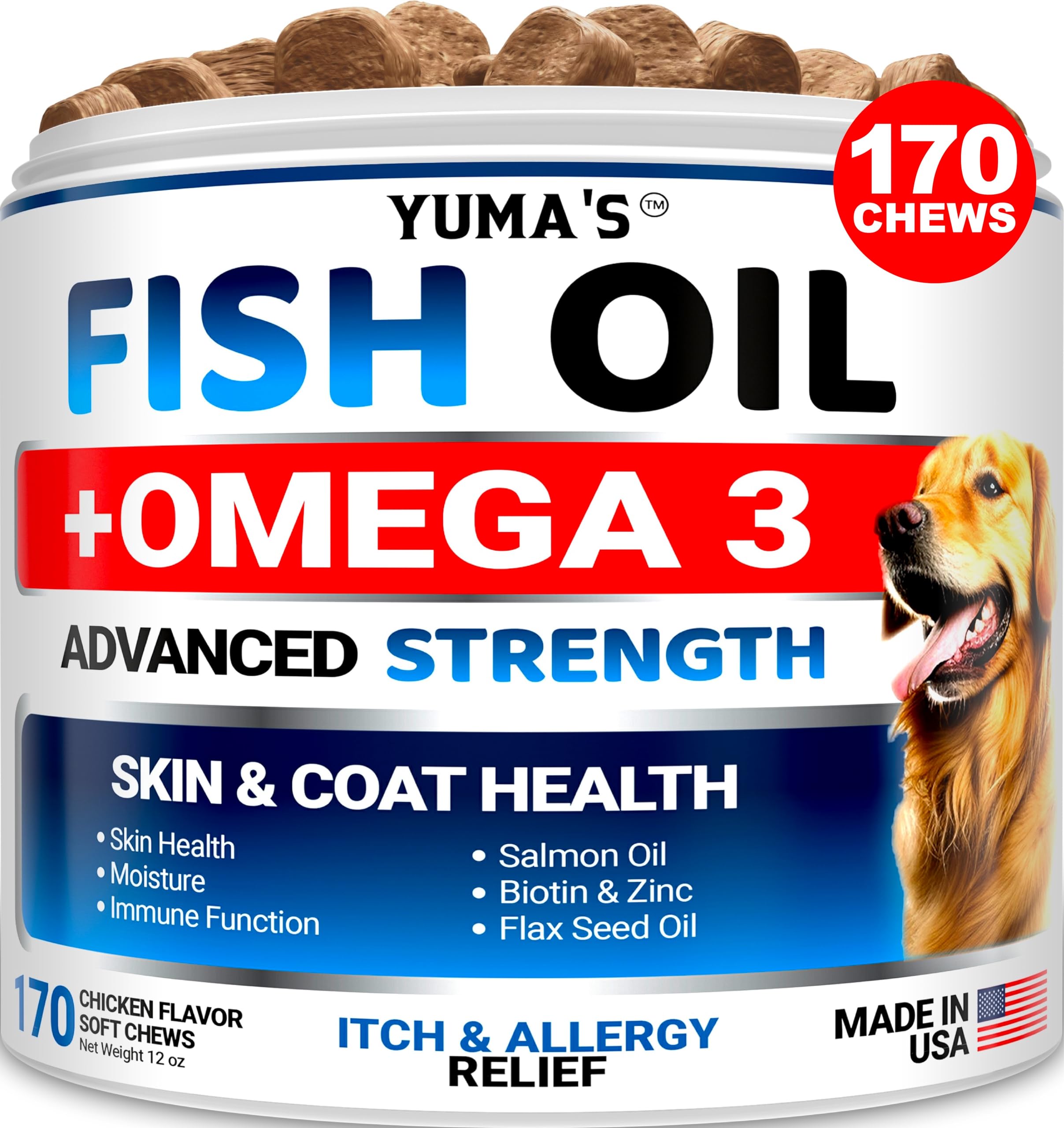 Omega 3 Fish Oil for Dogs - 170 Chews - Skin and Coat Supplement - Omega 3 for Dogs - Dry & Itchy Skin Relief Treatment - Allergy Support Dog Anti Shedding Treats - Salmon - EPA & DHA - Chicken Flavor