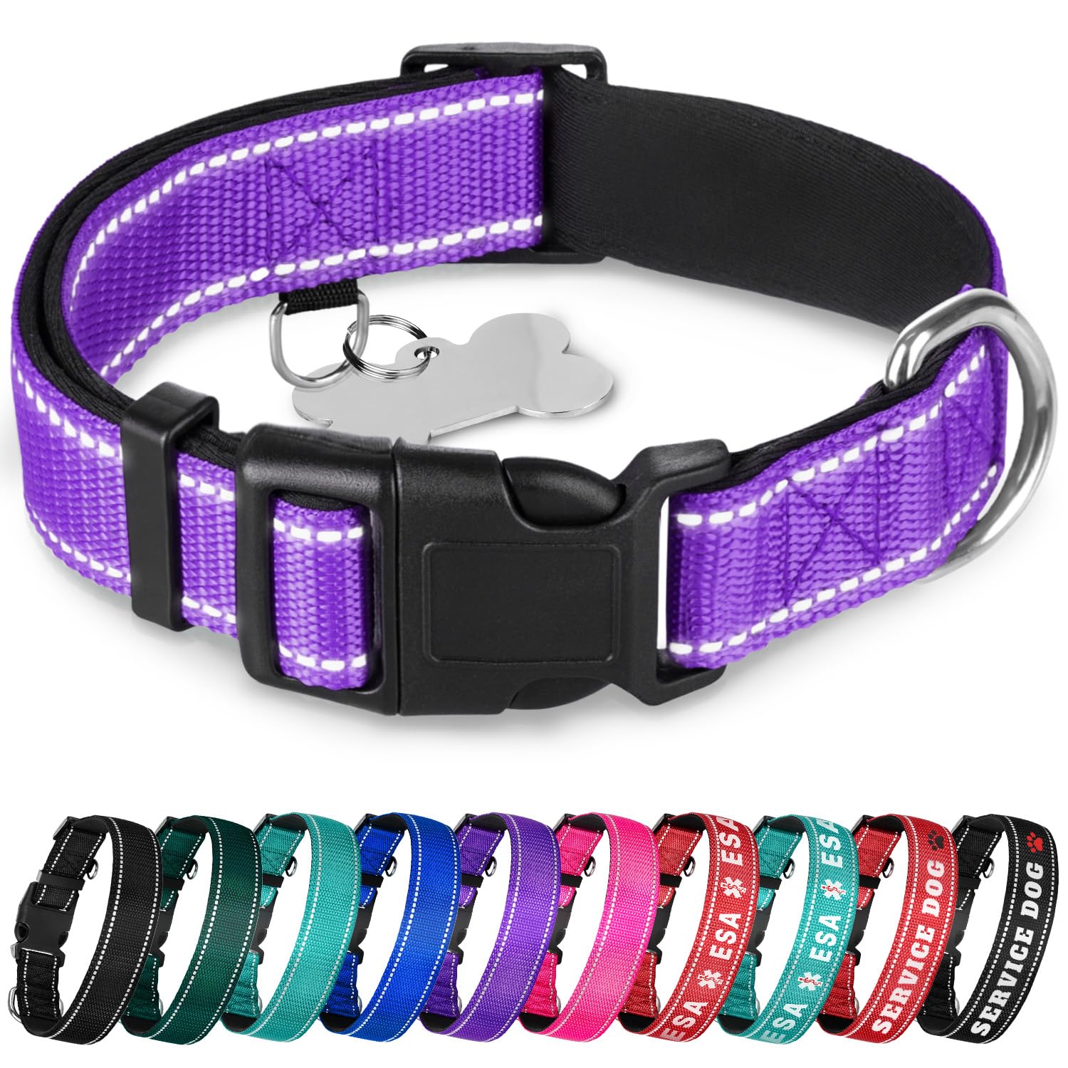 TECEUM Reflective Pet Collar – Purple – M – Extra Soft Padding – Basic Nylon Dog Collar – Quick Release Buckle – Fits Small, Medium and Large Dogs, Puppies, Cats – ESA & Service Dog Options