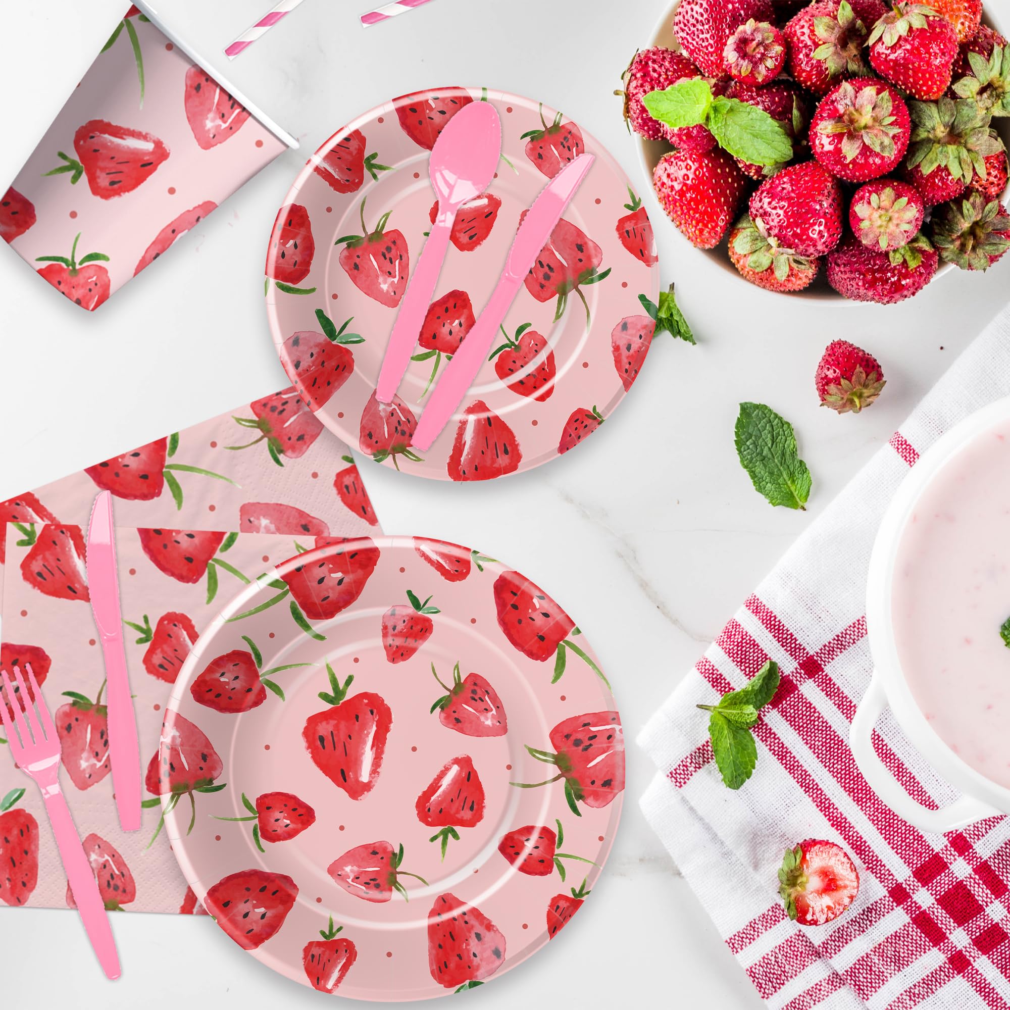 YJRJSC Strawberry Party Decorations Tableware - Strawberry Birthday Party Supplies, Paper Plate, Cup, Napkin, Tablecloth, Disposable Cutlery, Berry Sweet Birthday Baby Shower Decorations | Serve 24