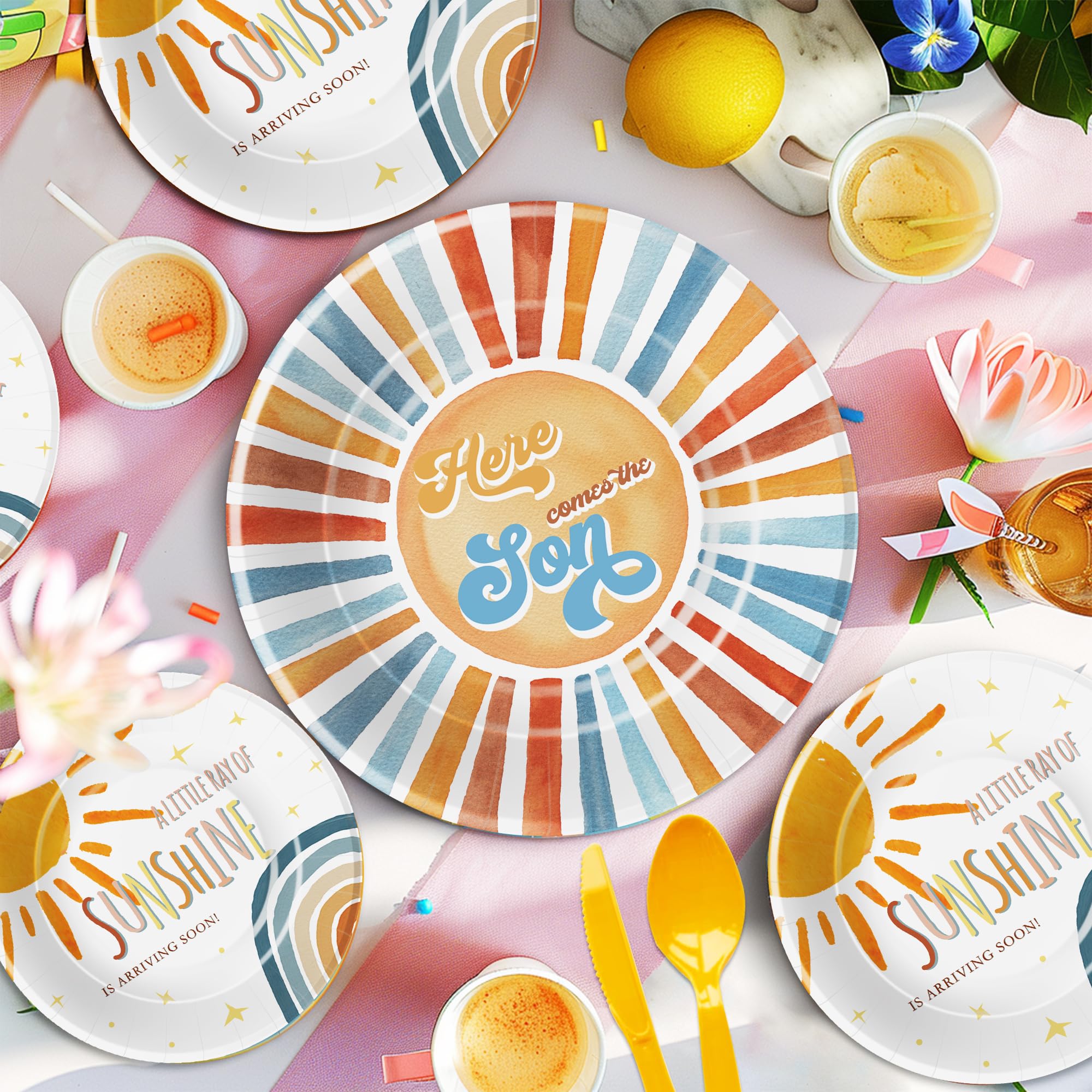 YJRJSC Here Comes The Son Baby Shower Decorations Tableware Boy, Boho Rainbow Sun Baby Shower Party Supplies, Plate, Cup, Napkin, Tablecloth, Cutlery, Sunshine Baby Shower Table Decorations | Serve 24