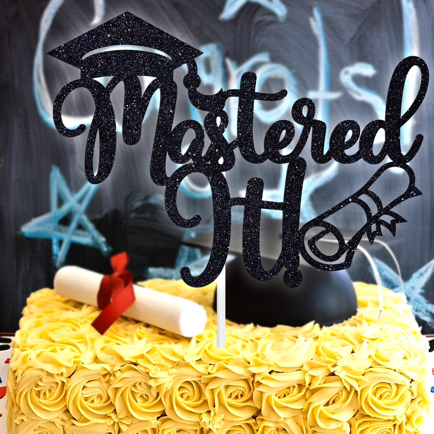 Mastered it Cake Topper, Happy Master's Degree/You Did It, Congrats Grad Graduate, Master Graduation Party Decorations Supplies, Black Glitter