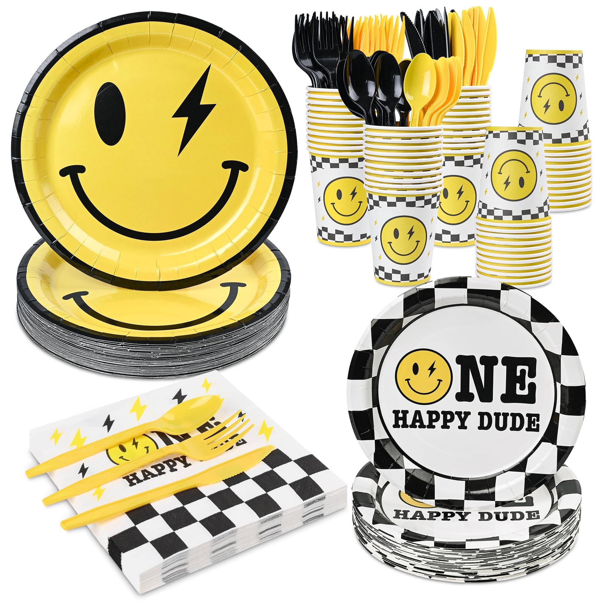 168Pcs One Happy Dude Birthday Paper Plates Yellow Smile Face Party Plates One Happy Dude Plates Cups Napkins Plastic Spoons Forks Knives Party Favors for Birthday Baby Shower Bachelor Party,Serves 24