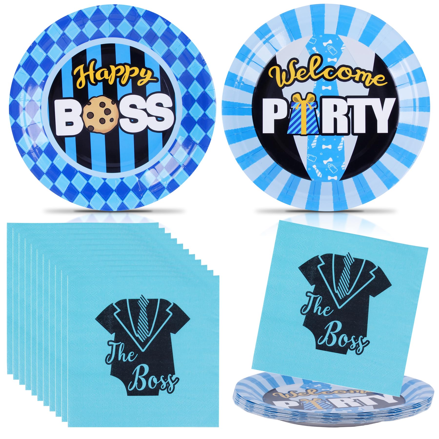 HAPPARTY Boss Birthday Party Supplies- Serve 12 Guests, 7in Boss Theme Paper Plates with 4.9in Napkins, Black Blue Boss Paper Trays and Baby Suit Tissues,Boy Baby Shower Party Decorations