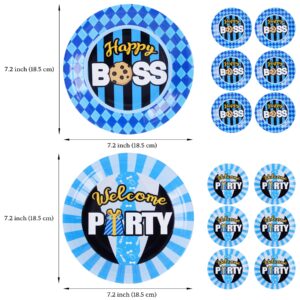 HAPPARTY Boss Birthday Party Supplies- Serve 12 Guests, 7in Boss Theme Paper Plates with 4.9in Napkins, Black Blue Boss Paper Trays and Baby Suit Tissues,Boy Baby Shower Party Decorations