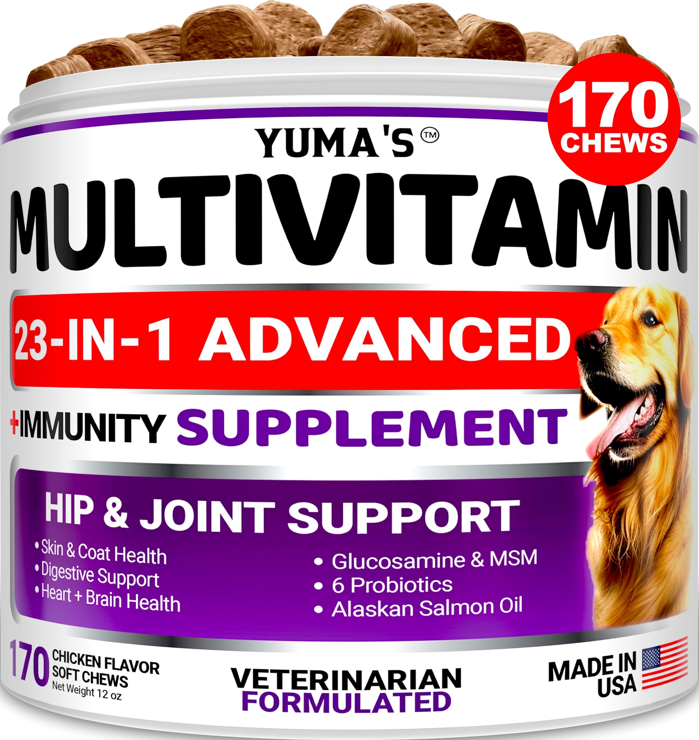 Dog Multivitamin Chewable with Glucosamine - Dog Vitamins and Supplements - 170 Treats - Senior & Puppy Multivitamin for Dogs - Hip & Joint Support - Immune Health, Skin, Heart, Digestion, Probiotics