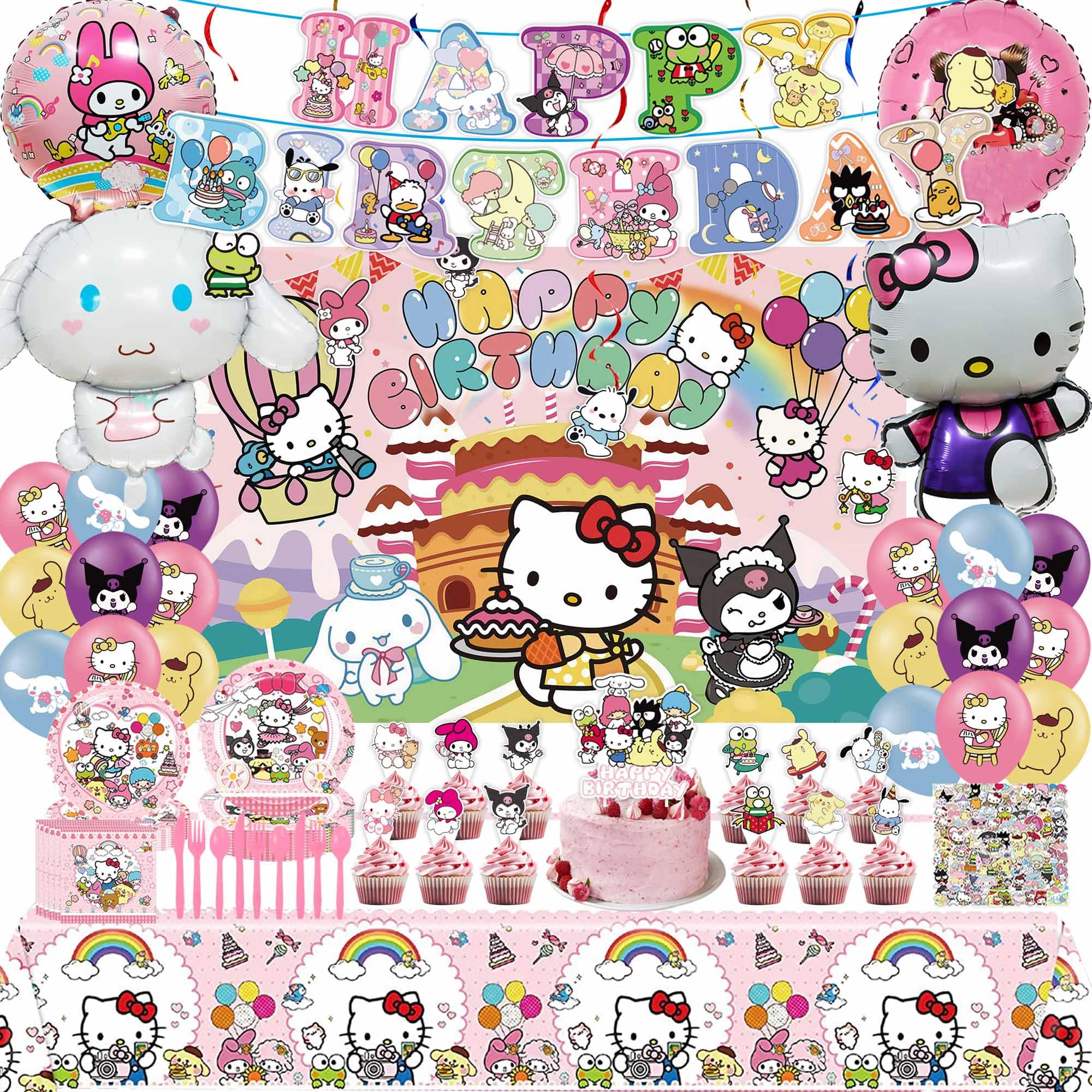 Kawaii Birthday Decorations, Cartoon Party Decorations, Include Banner, Cake Toppers, Paper Tableware, Stickers, Backdrop, Tablecloth, Balloons, Hanging Swirls, for Kids Theme Birthday Party Supplies