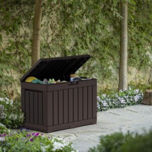 Keter Kentwood 50 Gallon Resin Deck Box-Organization and Storage for Patio Cushions, Throw Pillows and Garden Tools, Brown