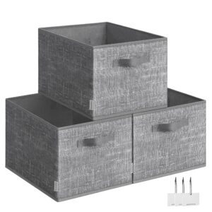 songmics storage baskets, set of 3 fabric storage bins, 15.7 x 11.8 x 9.5 inches, foldable closet organizer for shelves, 2 handles, label holders, for bedroom, living room, cattail gray urob440g01