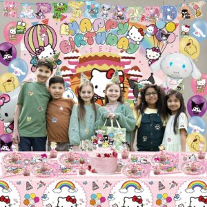 Kawaii Birthday Decorations, Cartoon Party Decorations, Include Banner, Cake Toppers, Paper Tableware, Stickers, Backdrop, Tablecloth, Balloons, Hanging Swirls, for Kids Theme Birthday Party Supplies