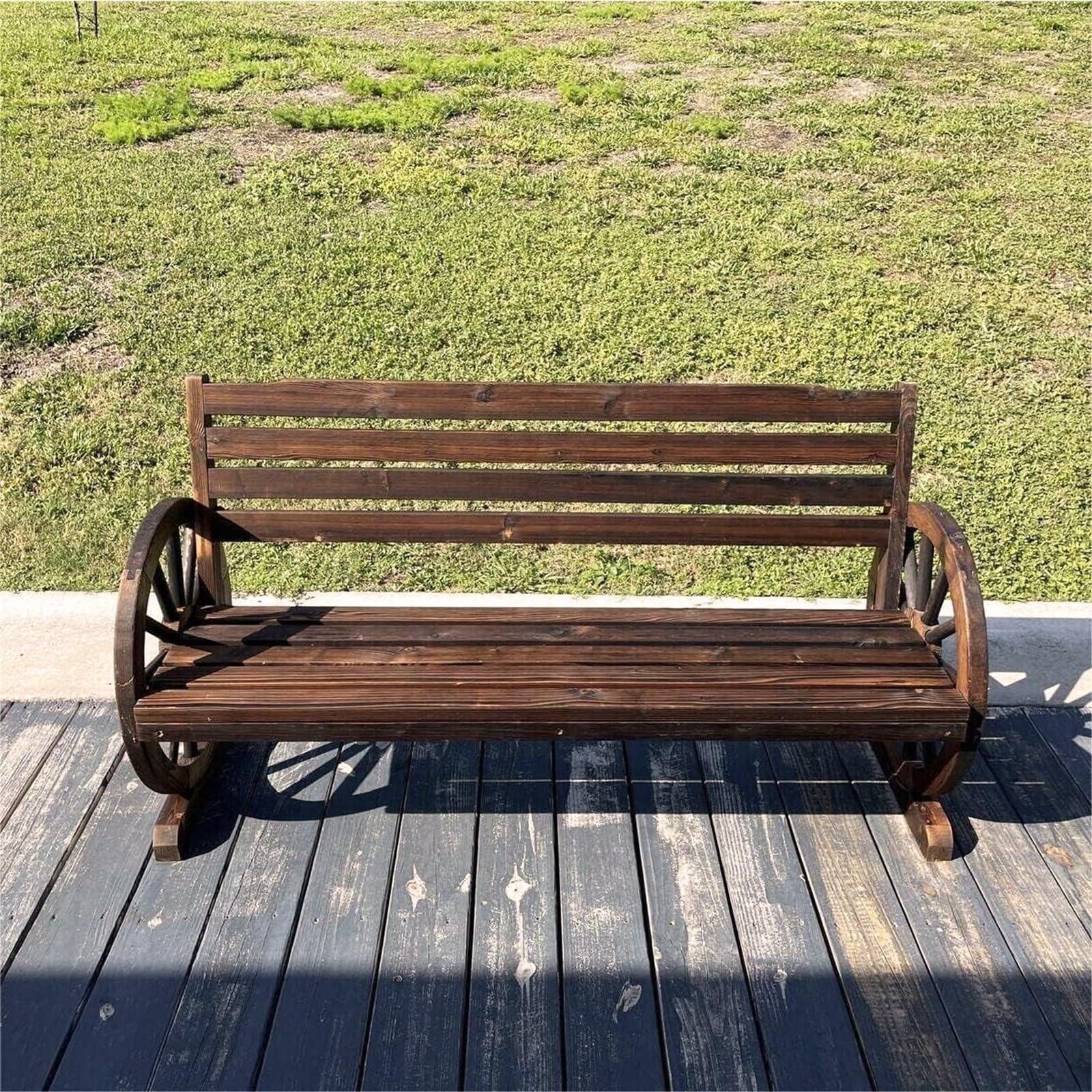 Kinfant Patio Bench Wooden Garden Seat - 55” Outdoor Rustic Brown 2-Person Wagon Wheels Furniture