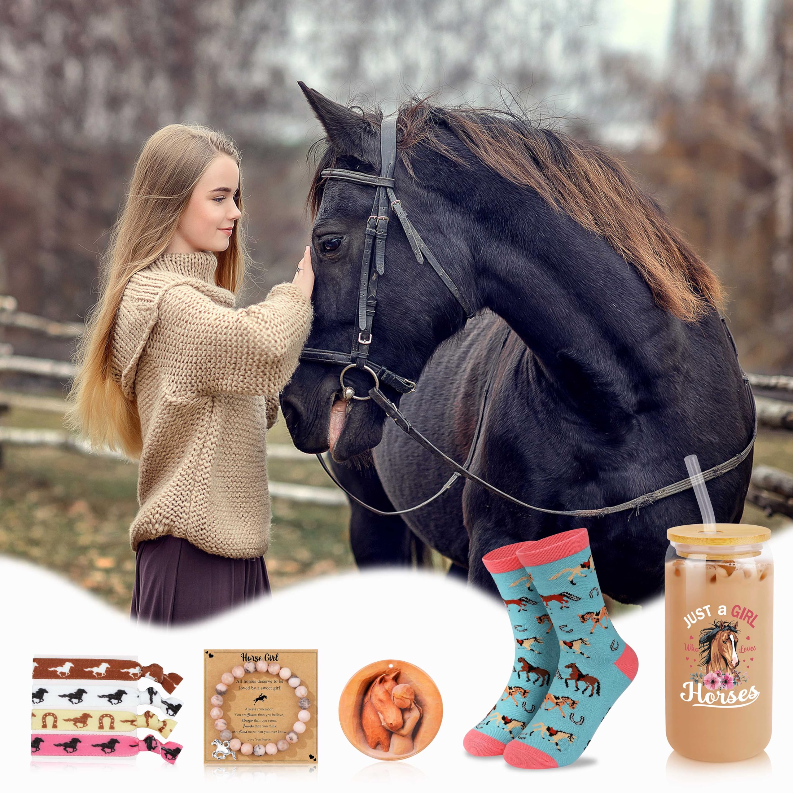 JMTMBR Horse Gift for Girls Horse Tumbler Socks Stickers Ornament Hair Accessories 6pcs Gift Set for Horse Lovers Birthday back to School Gift for Daughter Granddaughter Niece