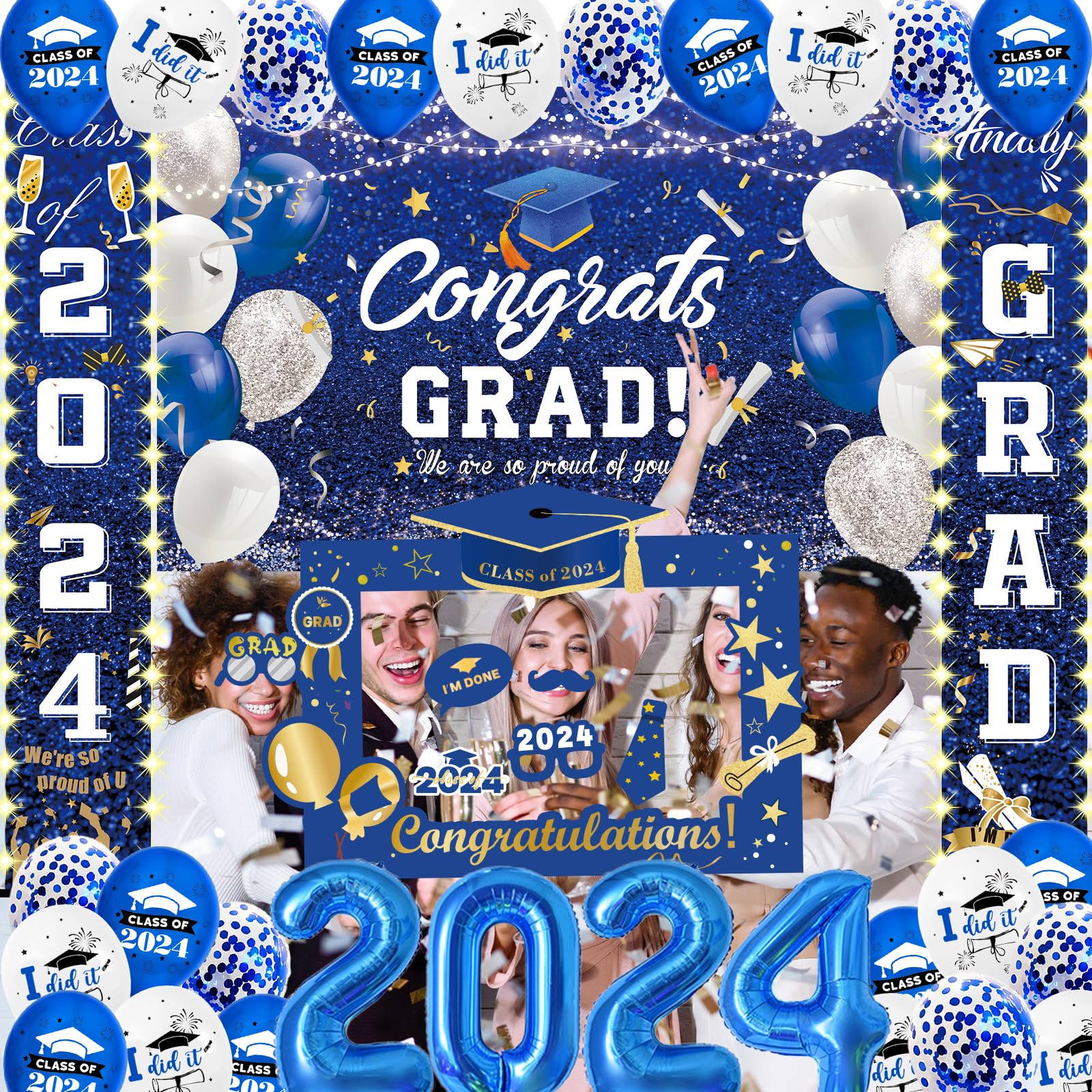 DMIGHT Blue Graduation Party Decorations Class Of 2024 Graduation Party Supplies with Grad Backdrop, Porch Sign with Led-Light Strips, Photo Booth Props,2024 Foil Balloons for Graduation Party