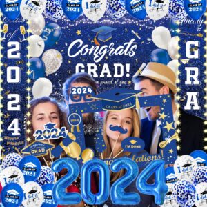 DMIGHT Blue Graduation Party Decorations Class Of 2024 Graduation Party Supplies with Grad Backdrop, Porch Sign with Led-Light Strips, Photo Booth Props,2024 Foil Balloons for Graduation Party