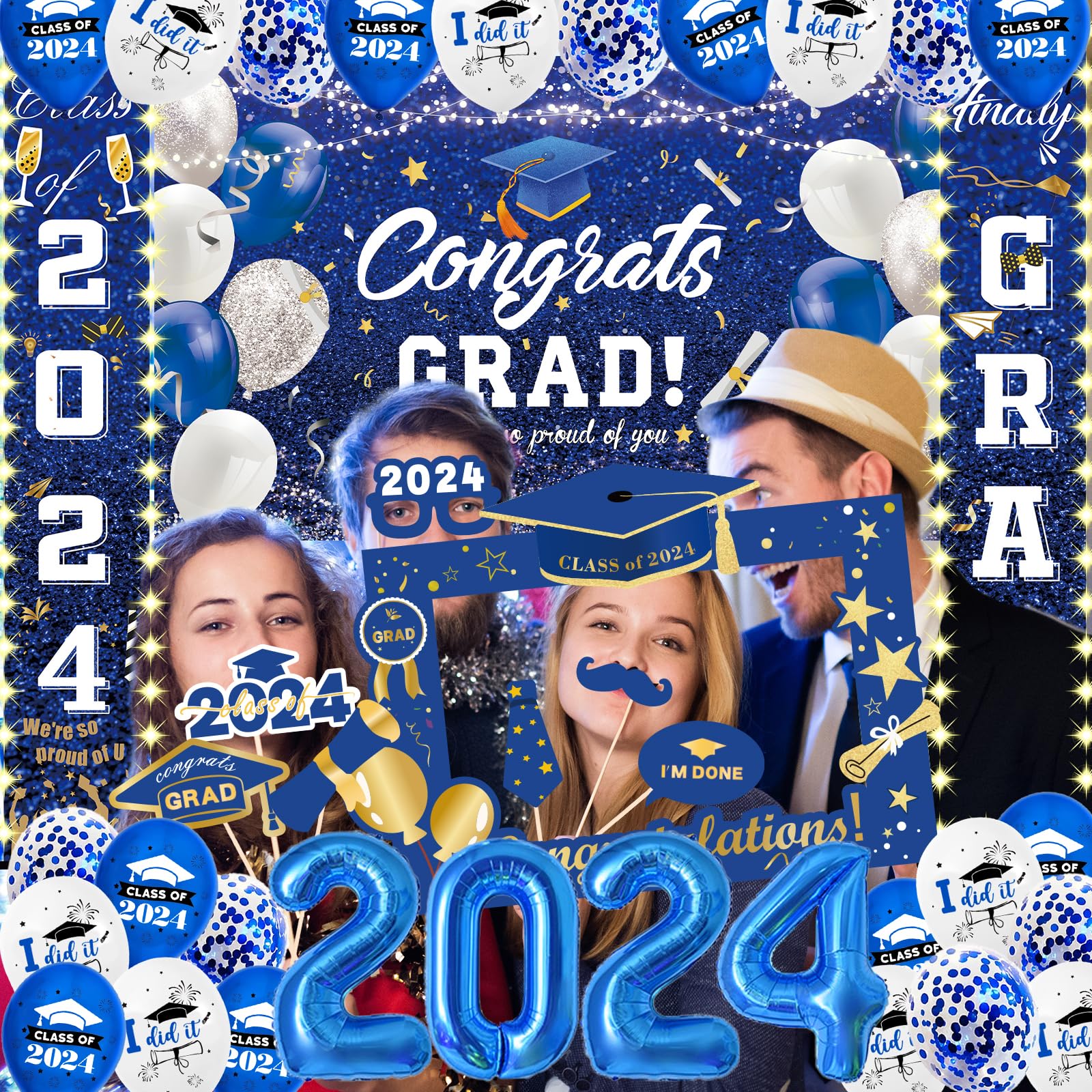 DMIGHT Blue Graduation Party Decorations Class Of 2024 Graduation Party Supplies with Grad Backdrop, Porch Sign with Led-Light Strips, Photo Booth Props,2024 Foil Balloons for Graduation Party