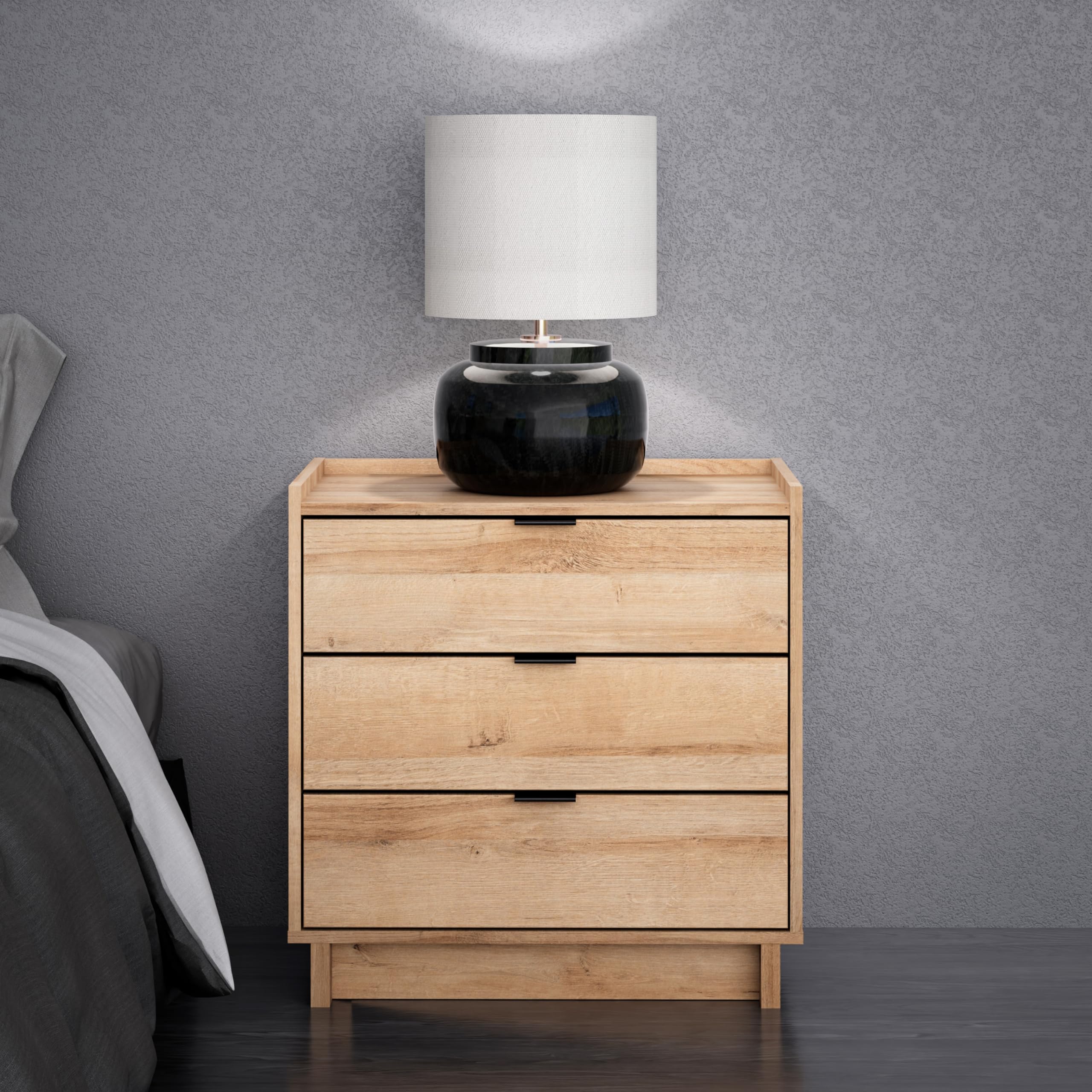 Prepac Simply Modern Nightstand Bedside Table, Natural Oak Nightstand for Bedroom, End Table with 3 Drawers 26.5" W x 26.75" H x 16" D