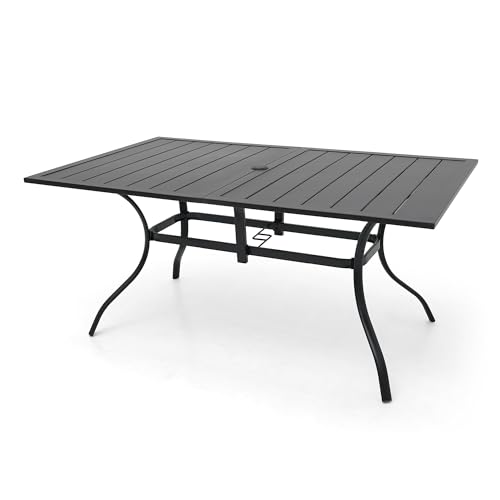 Nixtopia Outdoor Metal Frame Rectangle Patio Dining Table with Slat Top and Umbrella Hole 63"x38" for 6 Person - Black