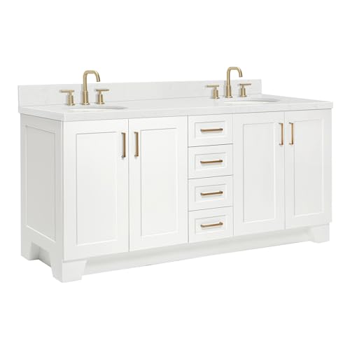 ARIEL Taylor 72" White Double Bathroom Vanity, 1.5" Edge Carrara Quartz Countertop & Splash, Oval Sinks, 4 Soft Closing Doors, 6 Full Extension Dovetail Drawers, Toe Kick, Satin Brass