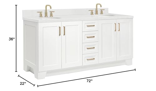 ARIEL Taylor 72" White Double Bathroom Vanity, 1.5" Edge Carrara Quartz Countertop & Splash, Oval Sinks, 4 Soft Closing Doors, 6 Full Extension Dovetail Drawers, Toe Kick, Satin Brass