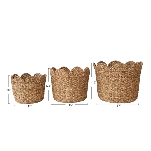 Creative Co-Op Braided Bankuan and Rattan Baskets with Scalloped Edge, Natural, Set of 3