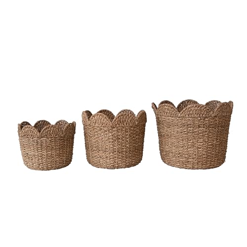 Creative Co-Op Braided Bankuan and Rattan Baskets with Scalloped Edge, Natural, Set of 3