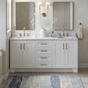 ARIEL Taylor 72" White Double Bathroom Vanity, 1.5" Edge Carrara Quartz Countertop & Splash, Oval Sinks, 4 Soft Closing Doors, 6 Full Extension Dovetail Drawers, Toe Kick, Satin Brass