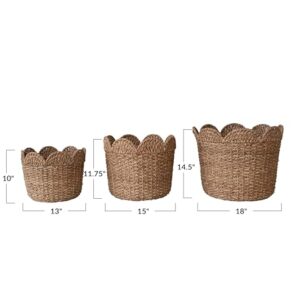 Creative Co-Op Braided Bankuan and Rattan Baskets with Scalloped Edge, Natural, Set of 3