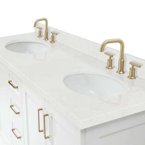 ARIEL Taylor 72" White Double Bathroom Vanity, 1.5" Edge Carrara Quartz Countertop & Splash, Oval Sinks, 4 Soft Closing Doors, 6 Full Extension Dovetail Drawers, Toe Kick, Satin Brass