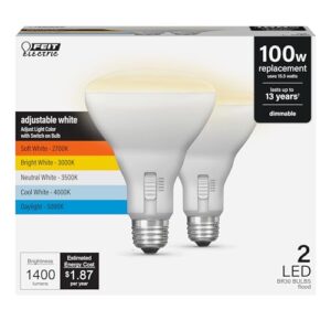 Feit Electric BR30 LED Light Bulb, 100W Equivalent, Dimmable, 5CCT, E26 Medium Base, 90 CRI, 1400 Lumens, Recessed Can Light Bulbs with Switch on Bulb, 13-Year Lifetime, BR30100DM5CCTCA15K/2, 2 Pack