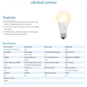 Feit Electric A19 LED Light Bulb, 100W Equivalent, Non-Dimmable, 5CCT, E26 Medium Base, 90 CRI, 1500 Lumens, Standard Light Bulb with Switch on Bulb, 13-Year Lifetime, OM100/5CCT/15KLED/2, 2 Pack