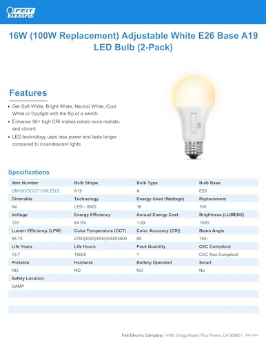 Feit Electric A19 LED Light Bulb, 100W Equivalent, Non-Dimmable, 5CCT, E26 Medium Base, 90 CRI, 1500 Lumens, Standard Light Bulb with Switch on Bulb, 13-Year Lifetime, OM100/5CCT/15KLED/2, 2 Pack