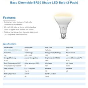 Feit Electric BR30 LED Light Bulb, 100W Equivalent, Dimmable, 5CCT, E26 Medium Base, 90 CRI, 1400 Lumens, Recessed Can Light Bulbs with Switch on Bulb, 13-Year Lifetime, BR30100DM5CCTCA15K/2, 2 Pack