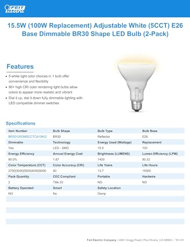 Feit Electric BR30 LED Light Bulb, 100W Equivalent, Dimmable, 5CCT, E26 Medium Base, 90 CRI, 1400 Lumens, Recessed Can Light Bulbs with Switch on Bulb, 13-Year Lifetime, BR30100DM5CCTCA15K/2, 2 Pack