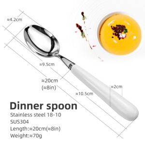 MEIYAHOME 20cm 8inch Fine Dinner Spoon with Round Edge Quality 18-10 Stainless Steel White Ceramic Handle,Soup Spoons Mirror Polishing Cutlery, Main Meal Spoon sus304 Table Spoons (4 Pcs)