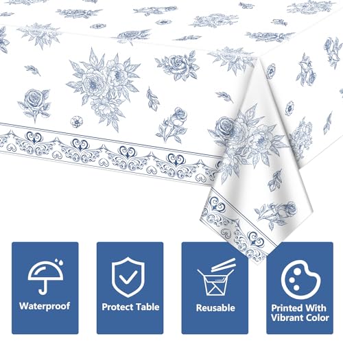 4 Pcs Blue and White Floral Tablecloths, Rectangular Flower Table Cover, Blue White Porcelain Table Cloths for Floral Theme Bridal Baby Shower Wedding Birthday Spring Tea Party Supplies, 51x86 Inch