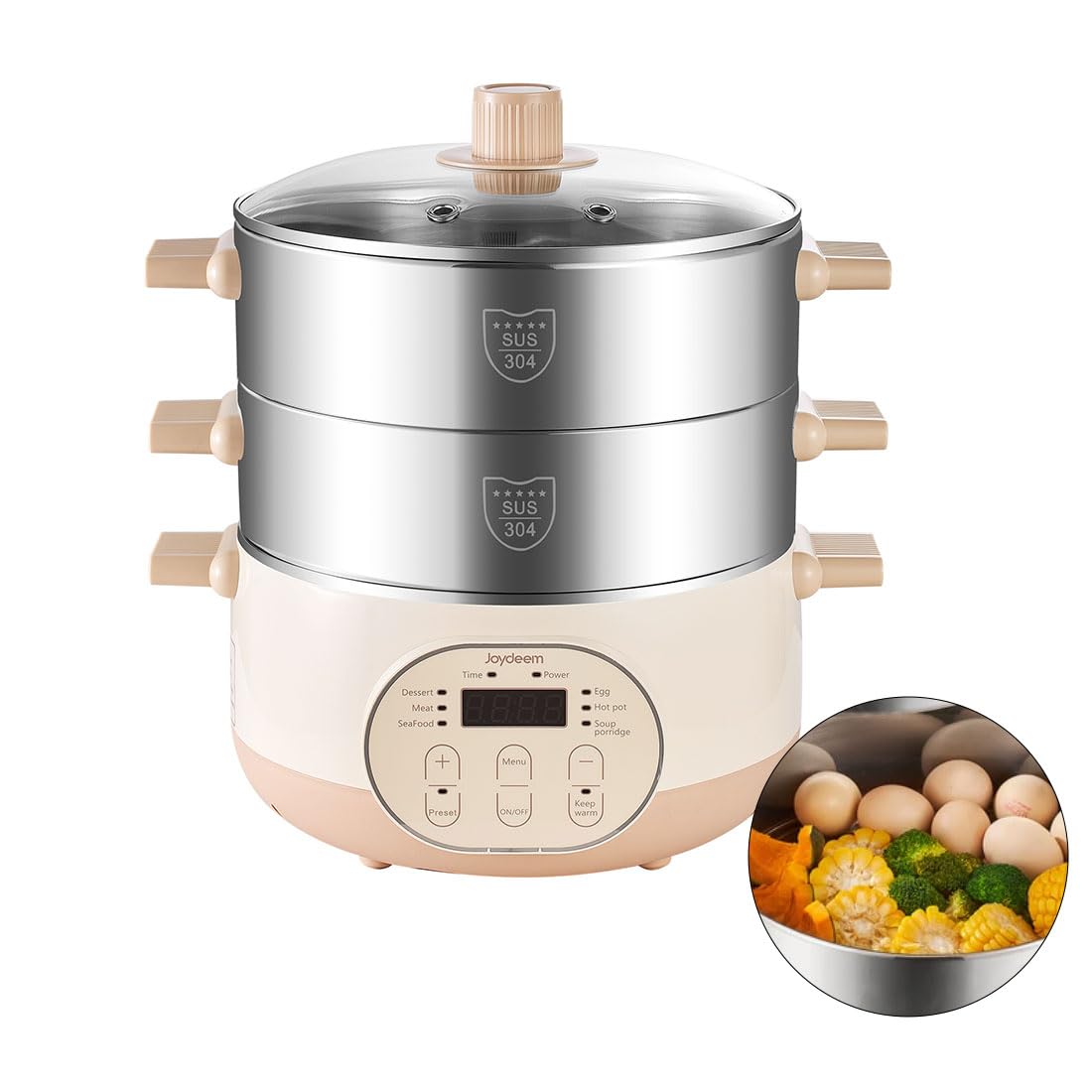 Joydeem Electric Food Steamer for Cooking, 2-Tier Stainless Steel Vegetable & Food Steamers, 15L Large Capacity, JD-DZG15B