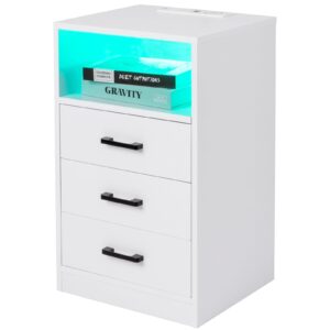 Karl home 3 Drawers Nightstand with Wireless Charging Station for Bedroom, Bedside Table with LED Lights and Storage, End Table for Living Room, AC Outlets USB Ports, Bed Side Table, White