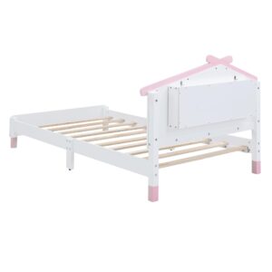 Bellemave Twin Size Platform Bed with House-Shaped Headboard and Motion Activated Night Lights,Wood Twin Kids Bed Frame for Girls,Boys(Twin,Pink)