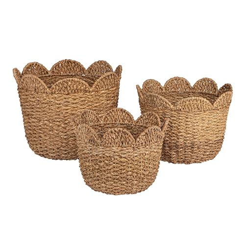 Creative Co-Op Braided Bankuan and Rattan Baskets with Scalloped Edge, Natural, Set of 3