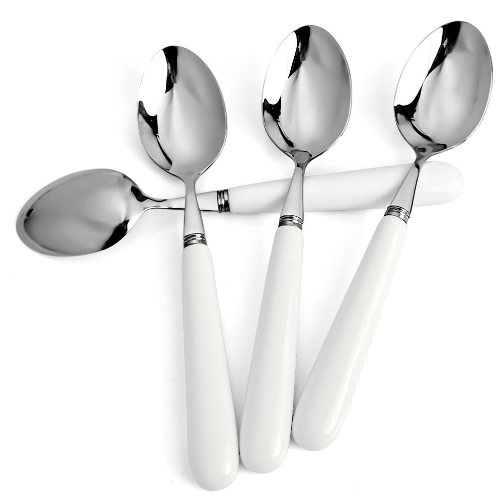 MEIYAHOME 20cm 8inch Fine Dinner Spoon with Round Edge Quality 18-10 Stainless Steel White Ceramic Handle,Soup Spoons Mirror Polishing Cutlery, Main Meal Spoon sus304 Table Spoons (4 Pcs)