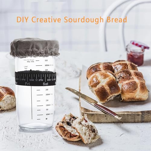 YICHUHOME Sourdough Starter Jar Kit, Wide Mouth Jar with Cloth Cover, Spatula, Thermometer Strip, Measuring Spoons, Metal Lid and Feeding Band, 24Oz Reusable Sour Dough Jar, Home Baking Supplies