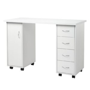 knocbel computer desk manicure nail table with four drawers and a cabinet, with wheels for flexible use, sturdy wooden construction, large storage space, 47.2" l x 21.3" w x 31.9" h white