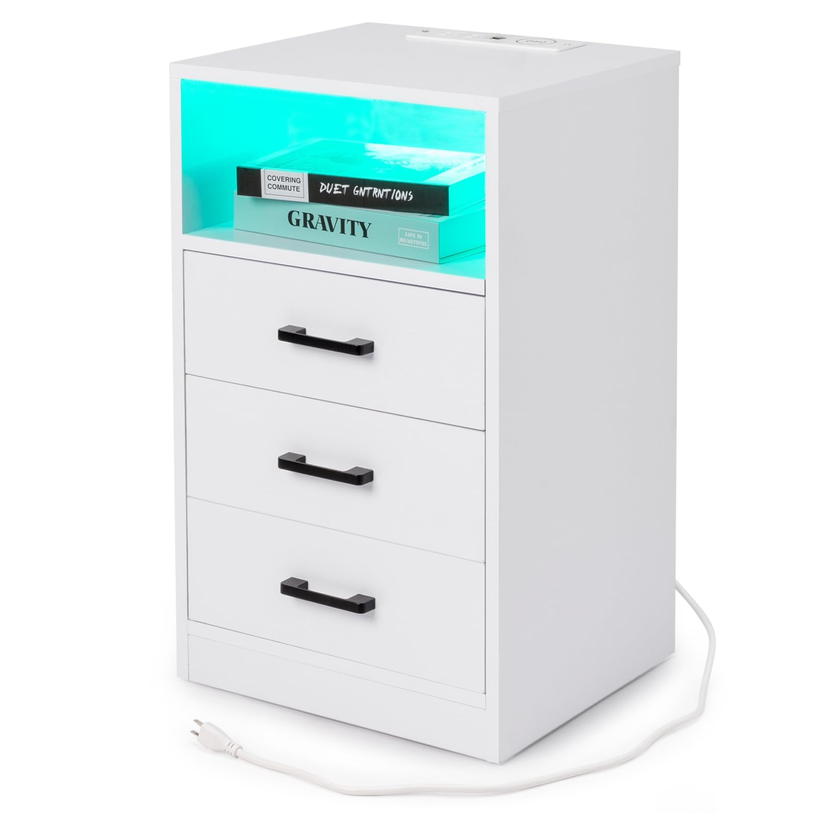 Karl home 3 Drawers Nightstand with Wireless Charging Station for Bedroom, Bedside Table with LED Lights and Storage, End Table for Living Room, AC Outlets USB Ports, Bed Side Table, White