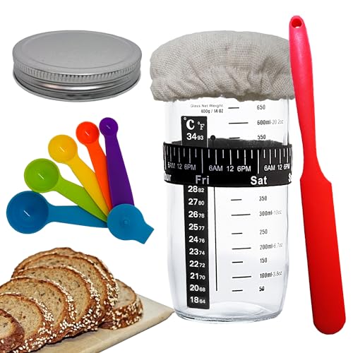 YICHUHOME Sourdough Starter Jar Kit, Wide Mouth Jar with Cloth Cover, Spatula, Thermometer Strip, Measuring Spoons, Metal Lid and Feeding Band, 24Oz Reusable Sour Dough Jar, Home Baking Supplies